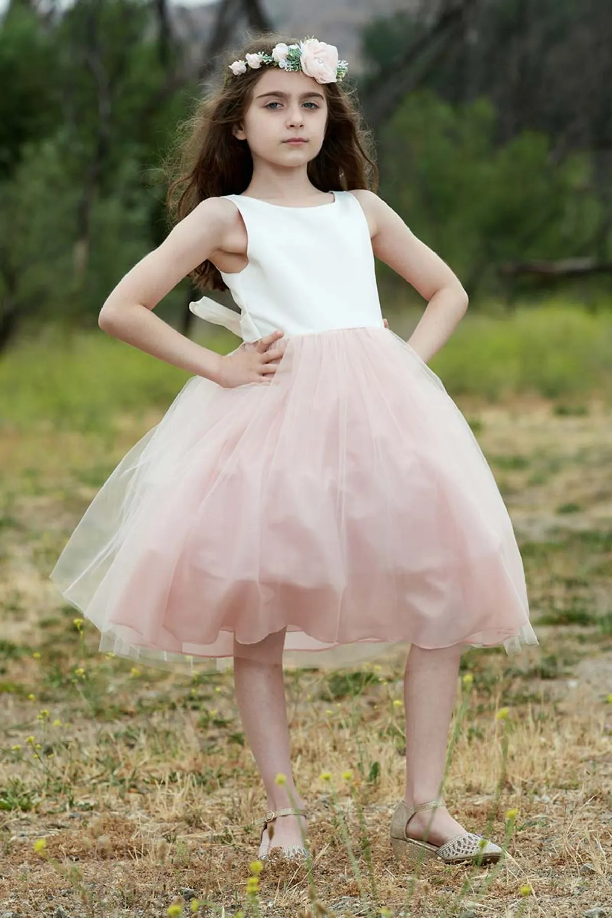 Hannah Satin Two-Tone Girls Dress with 3D Flower Detail and Plus Sizes