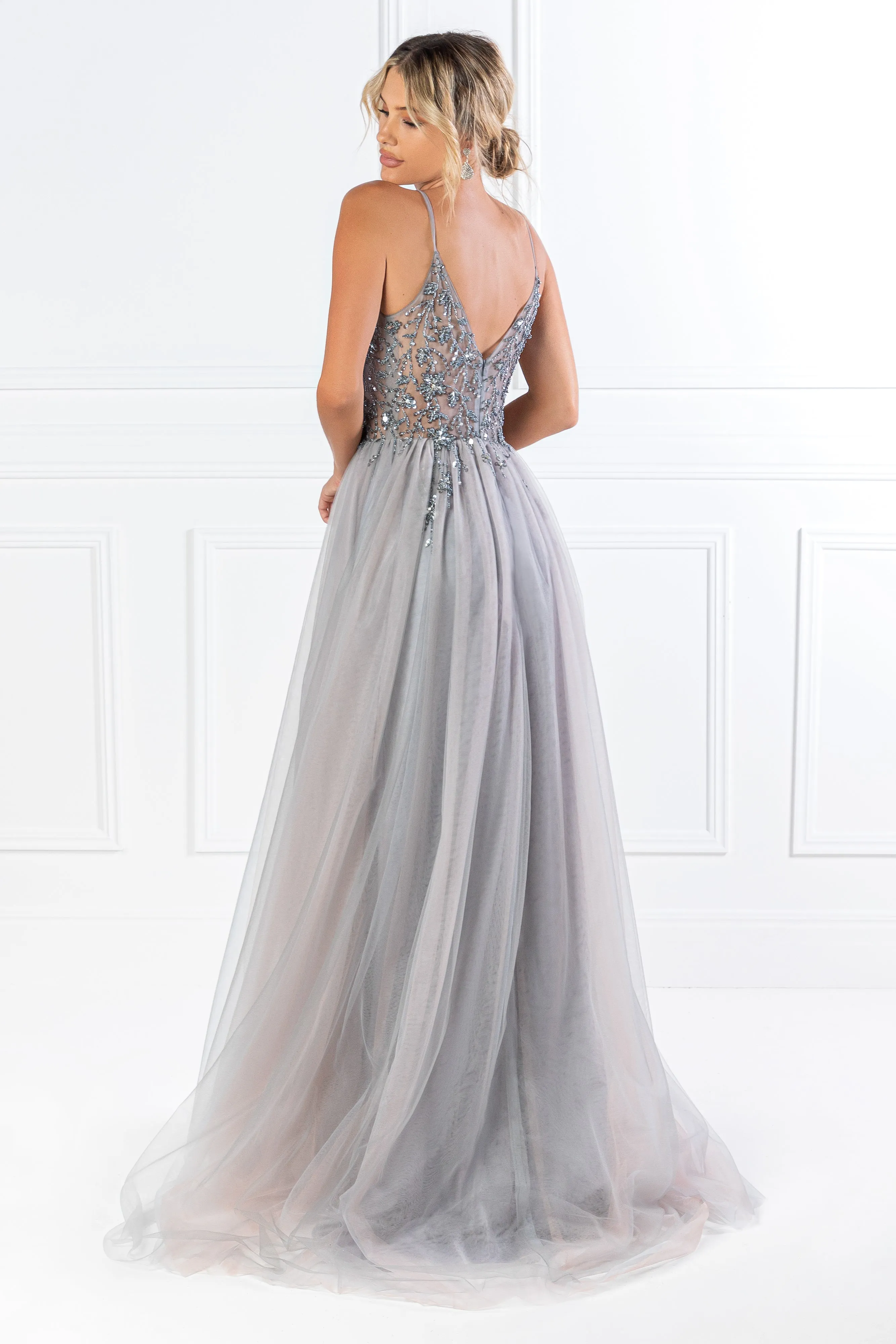 Honey Couture VIOLET Grey Tulle Crystal Beaded Formal Dress