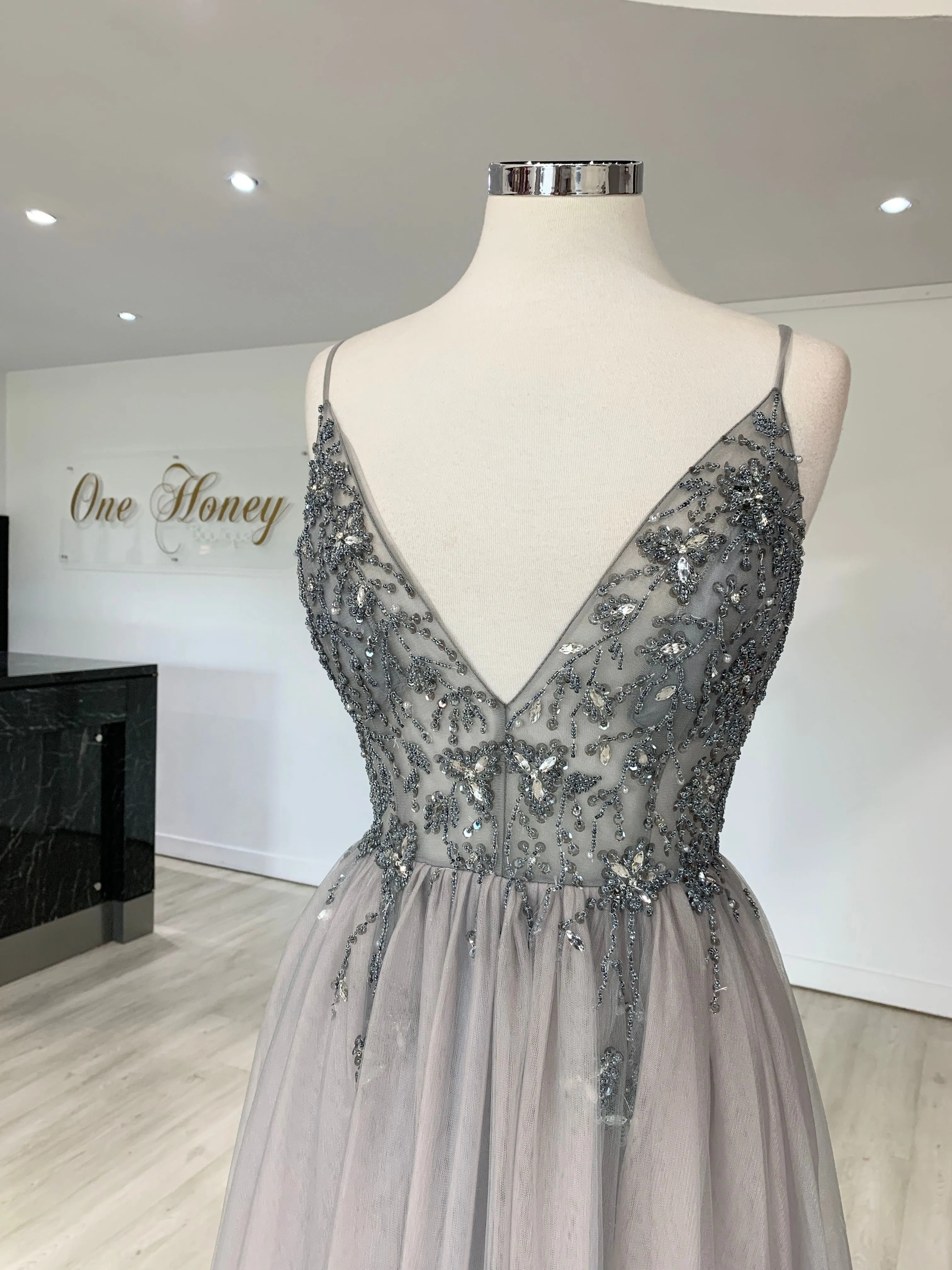 Honey Couture VIOLET Grey Tulle Crystal Beaded Formal Dress