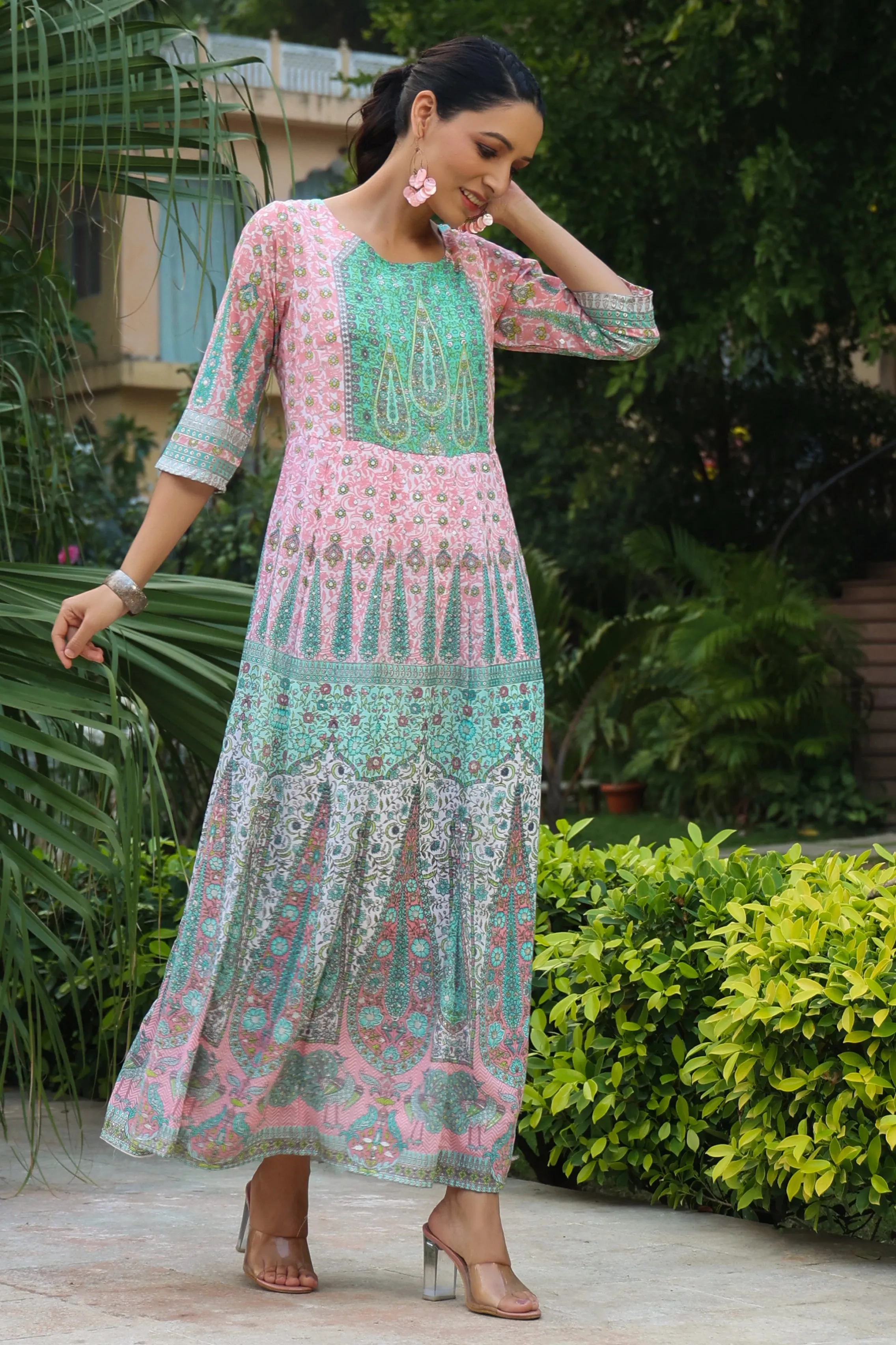 Juniper Peach Ethnic Motif Printed Georgette Anarkali Dress