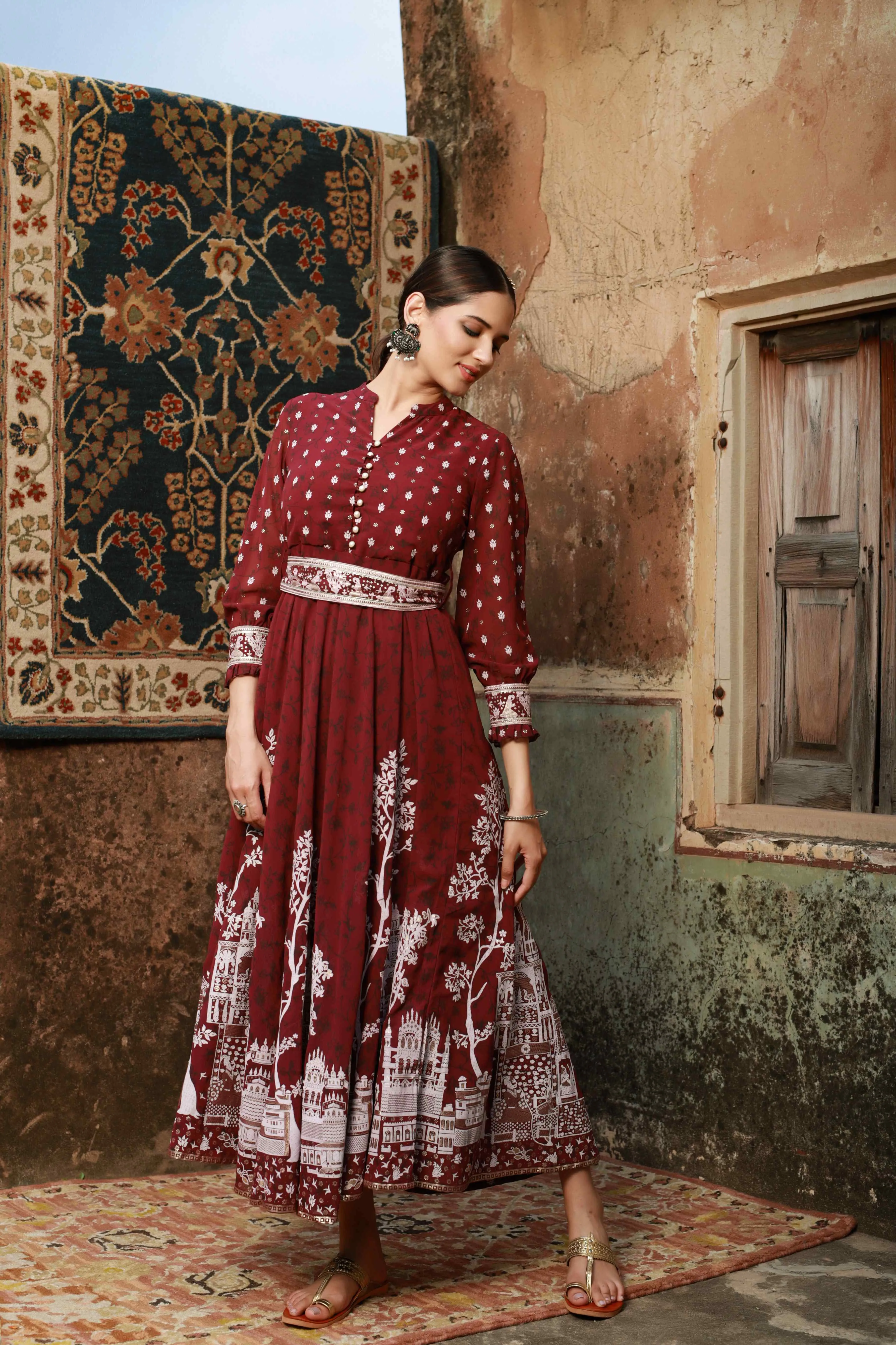 Juniper Wine Ethnic Motif Printed Georgette Flared Maxi Dress.