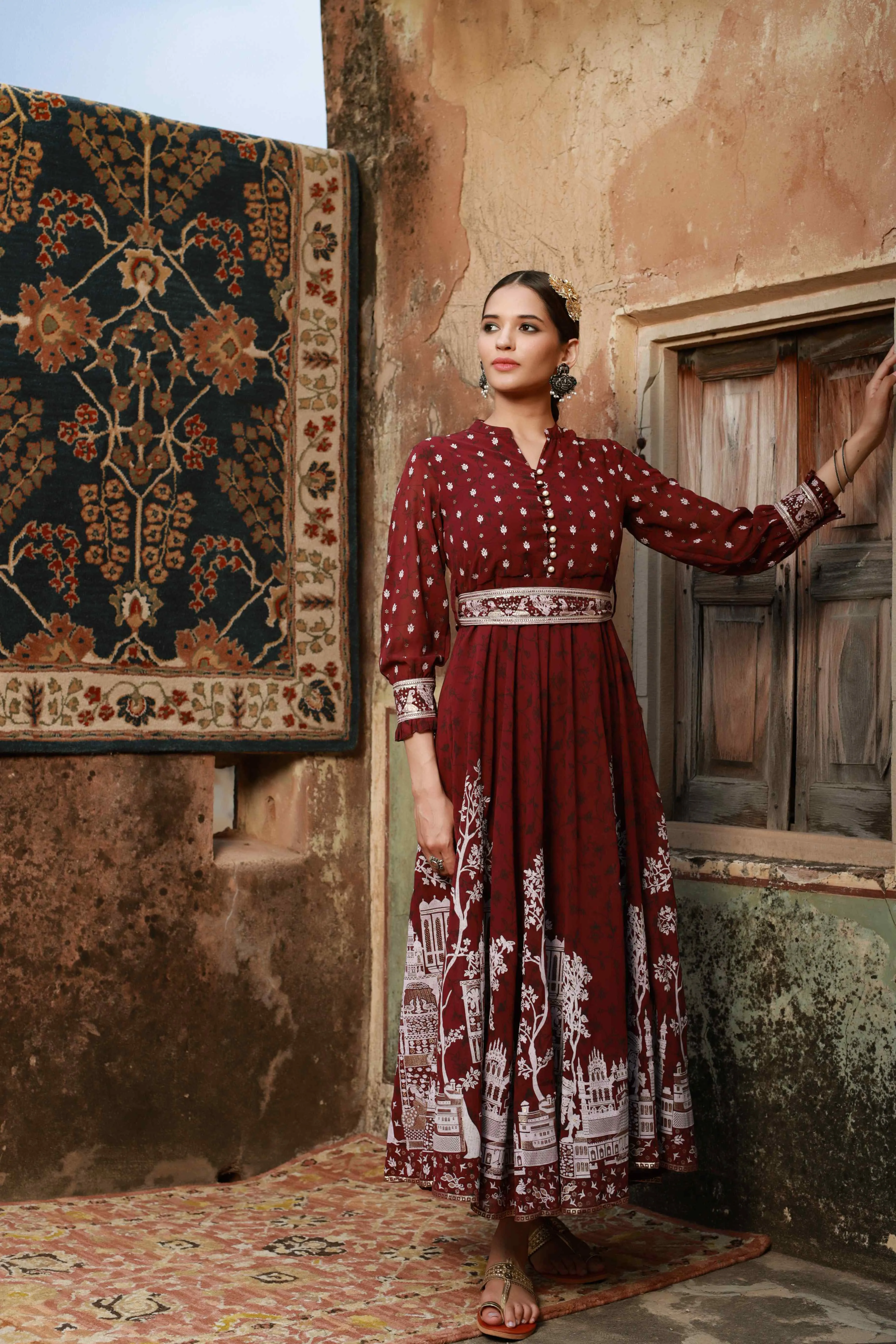 Juniper Wine Ethnic Motif Printed Georgette Flared Maxi Dress.