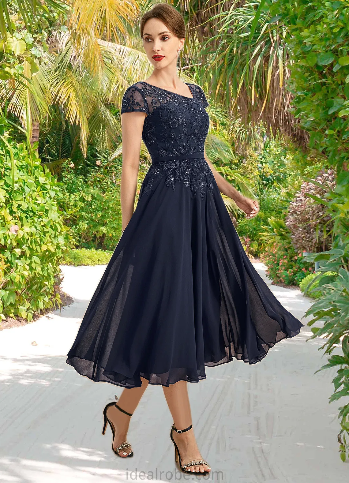 Justice A-line Asymmetrical Tea-Length Chiffon Lace Mother of the Bride Dress With Sequins STKP0021750