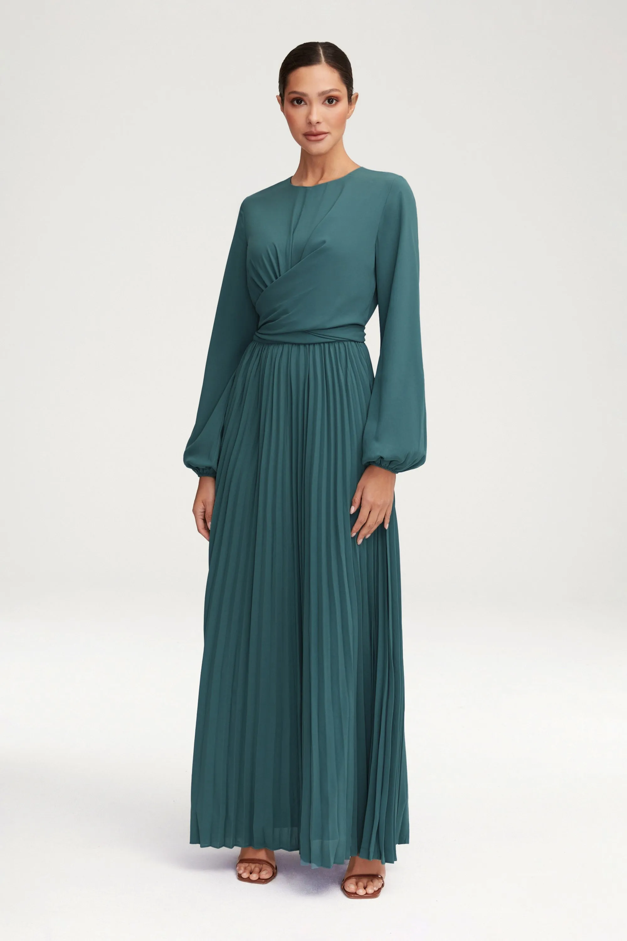 Layana Pleated Wrap Waist Maxi Dress - Dark Sea Green