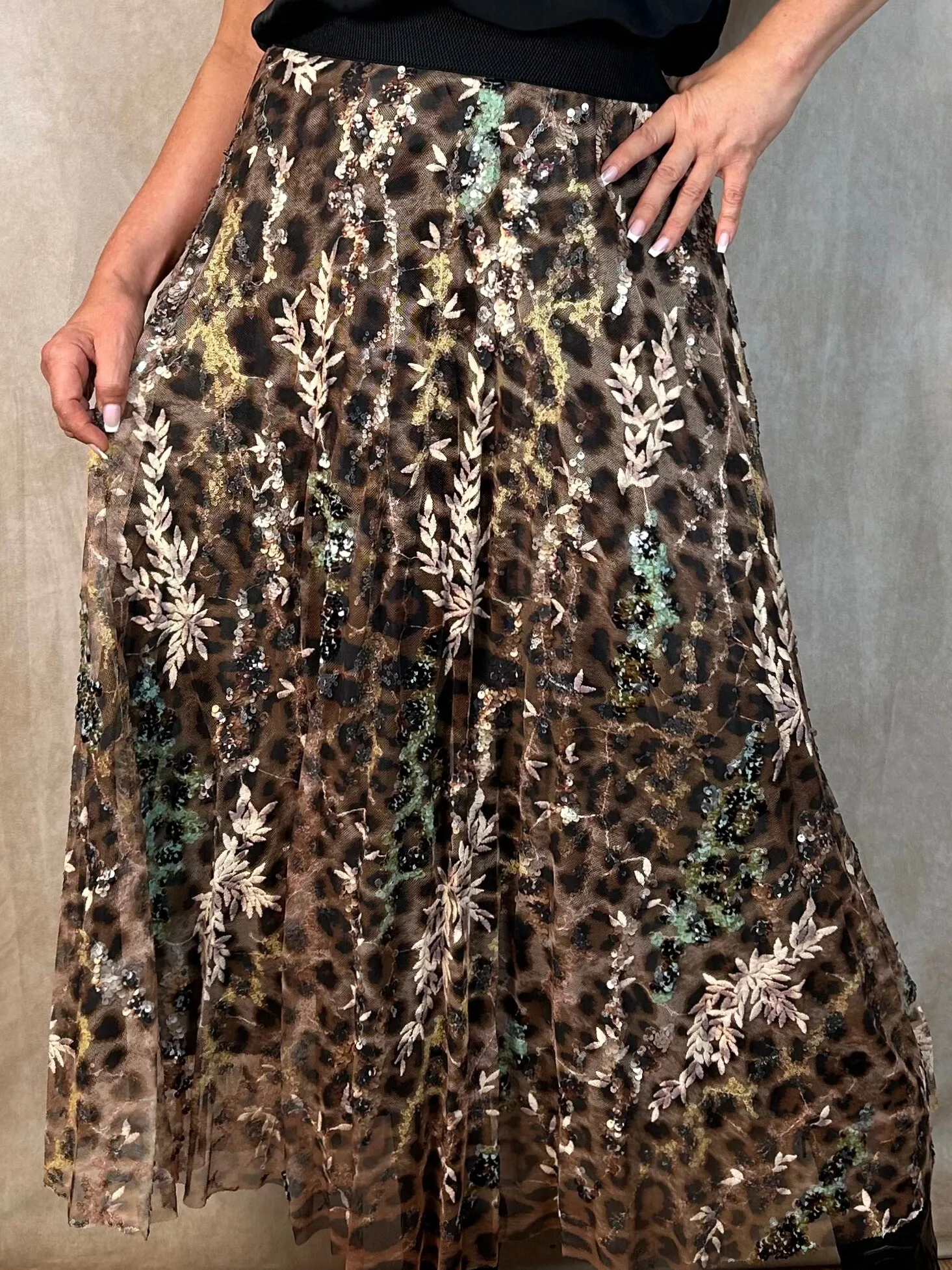 Leopard Print Sequin Net Skirt