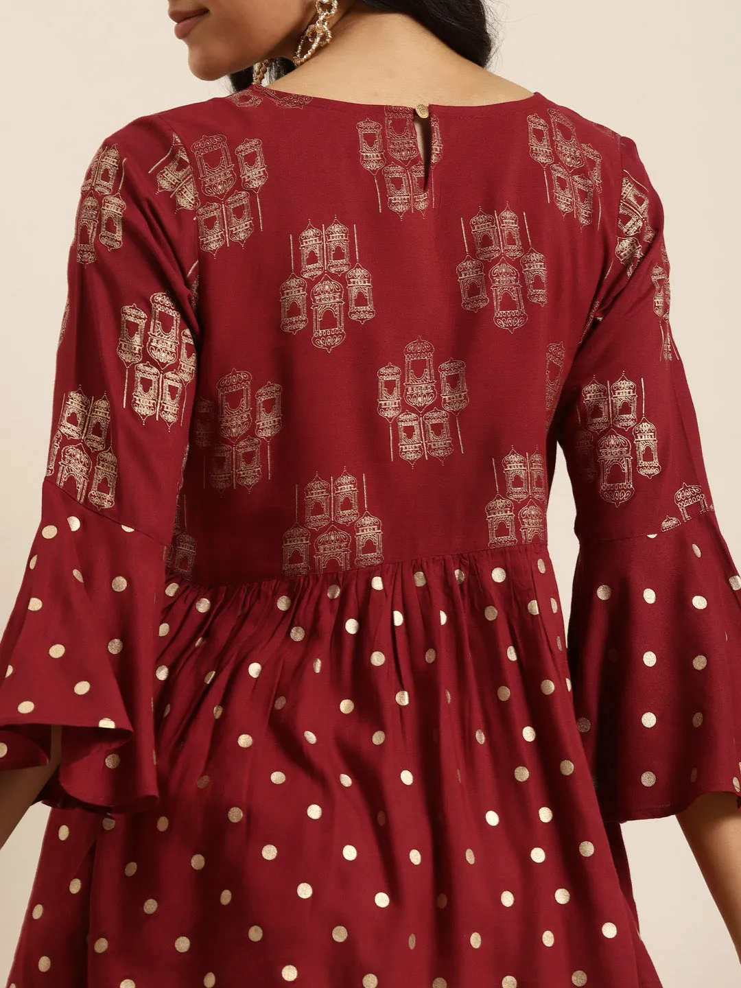 Maroon Foil Print Flared Sleeves Top