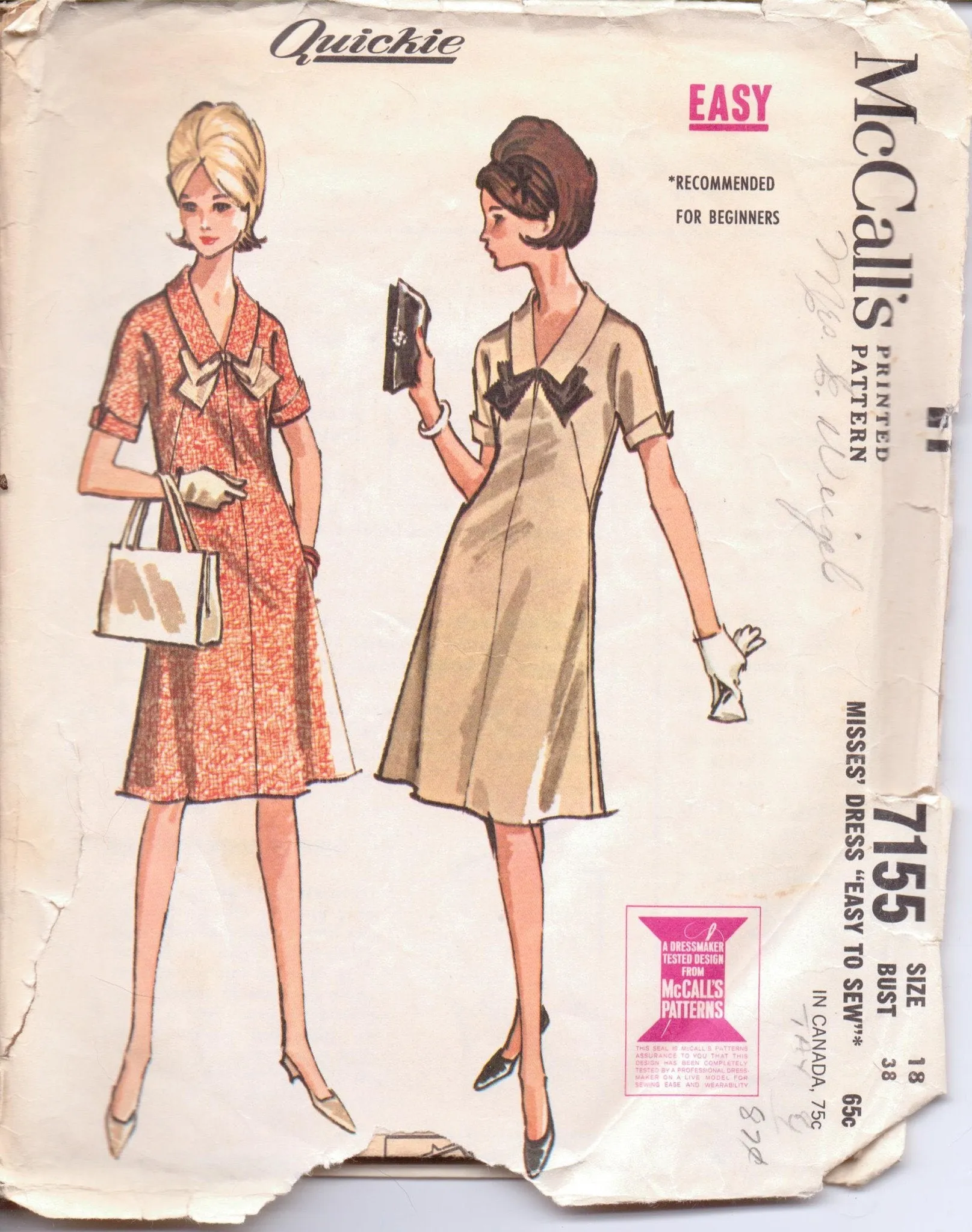 McCall's 7155 Ladies Dress Pattern French Darts Vintage 1960's Sewing Pattern Size 18 Bust 38