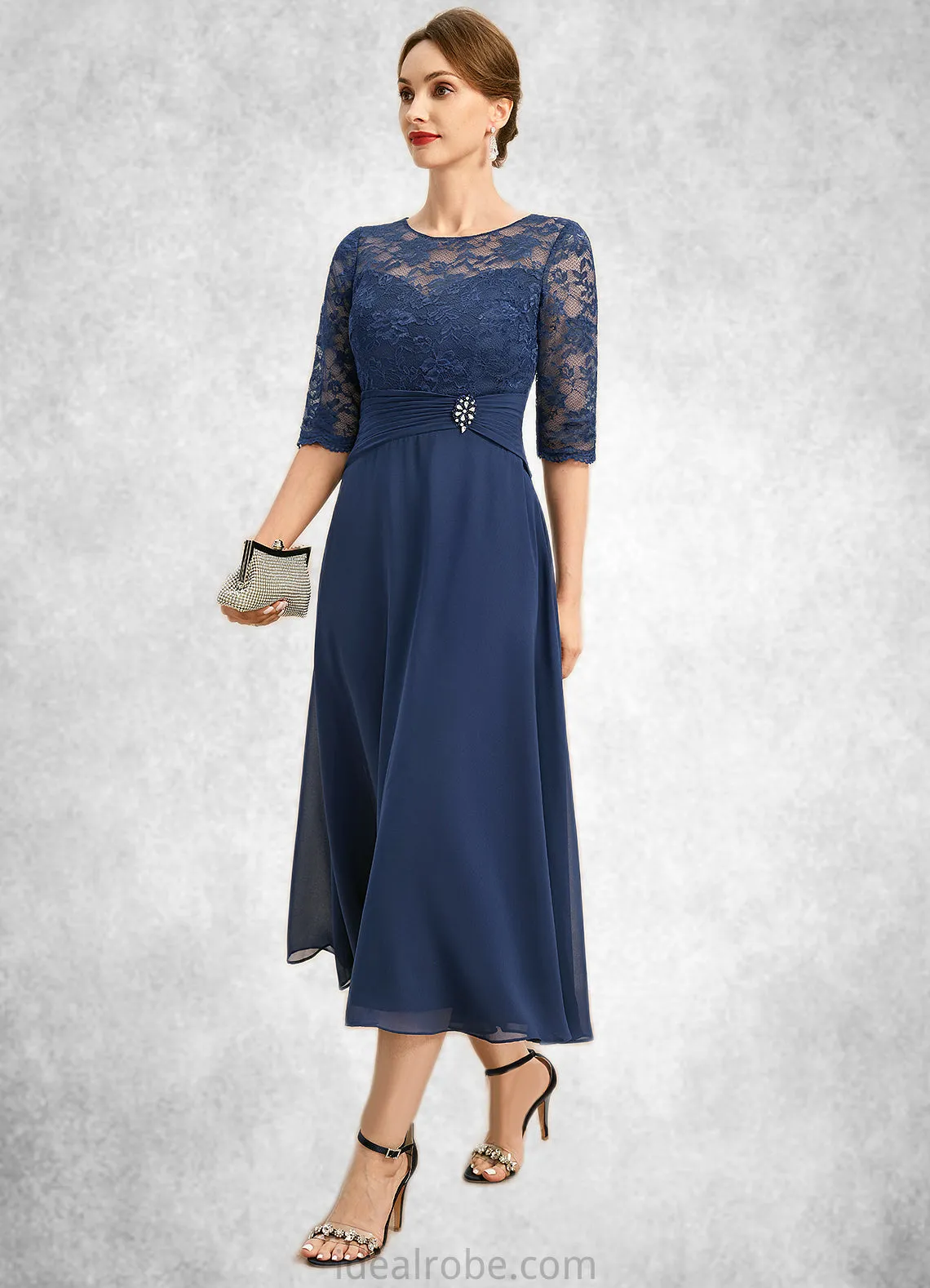 Micah A-line Scoop Illusion Tea-Length Chiffon Lace Mother of the Bride Dress With Beading STKP0021826