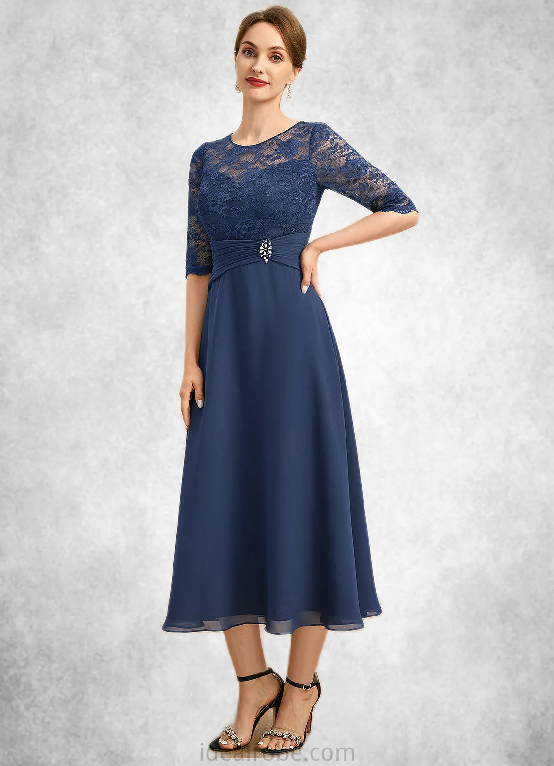 Micah A-line Scoop Illusion Tea-Length Chiffon Lace Mother of the Bride Dress With Beading STKP0021826