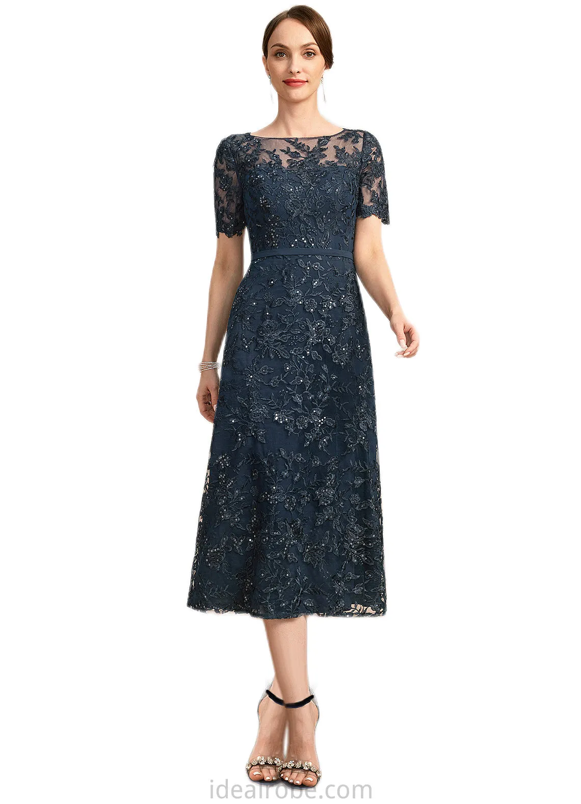 Miracle A-line Scoop Illusion Tea-Length Lace Mother of the Bride Dress With Sequins STKP0021781