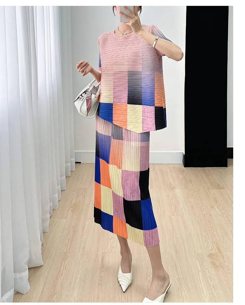 Miyake Pleated Color Block Printed Top and Skirt Set