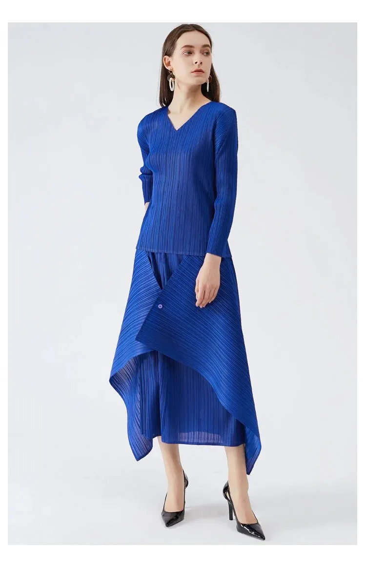 Miyake Pleated Long Sleeve Top and Irregular Hem Skirt Set