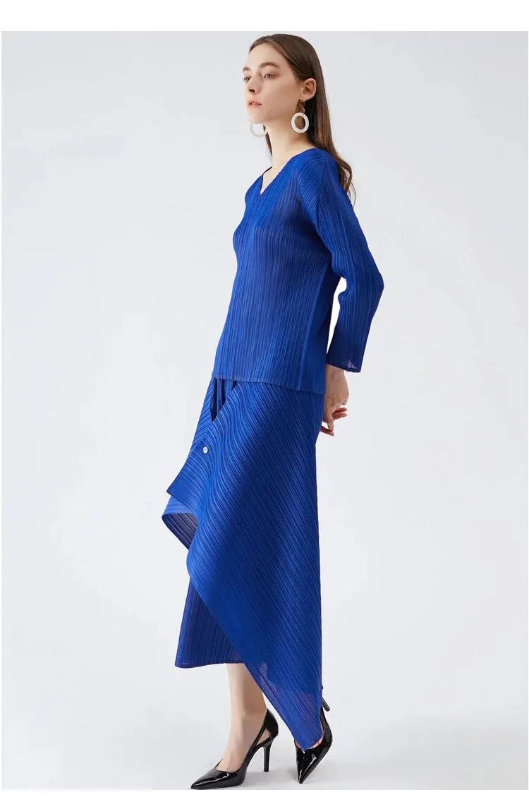 Miyake Pleated Long Sleeve Top and Irregular Hem Skirt Set