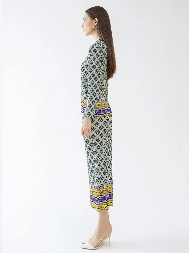 Miyake Pleated Vintage Printed Top and Straight Skirt Set