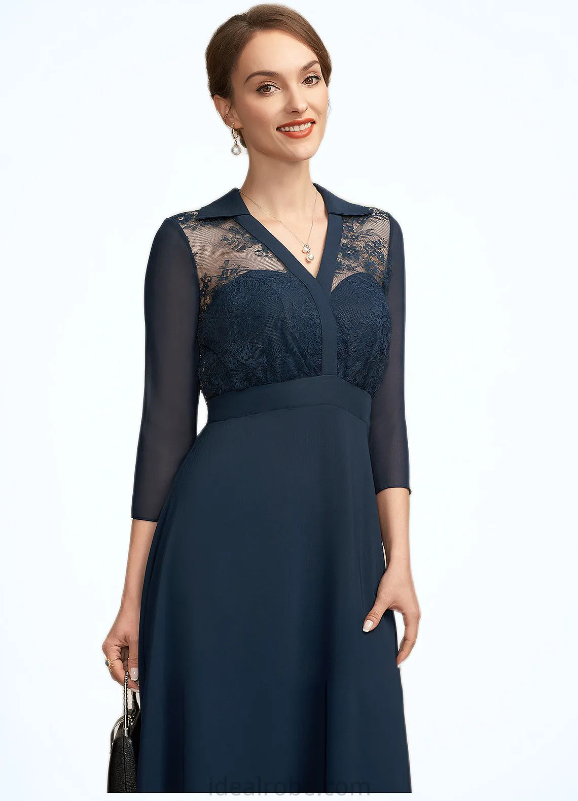 Olga A-Line V-neck Tea-Length Chiffon Lace Mother of the Bride Dress STK126P0014905