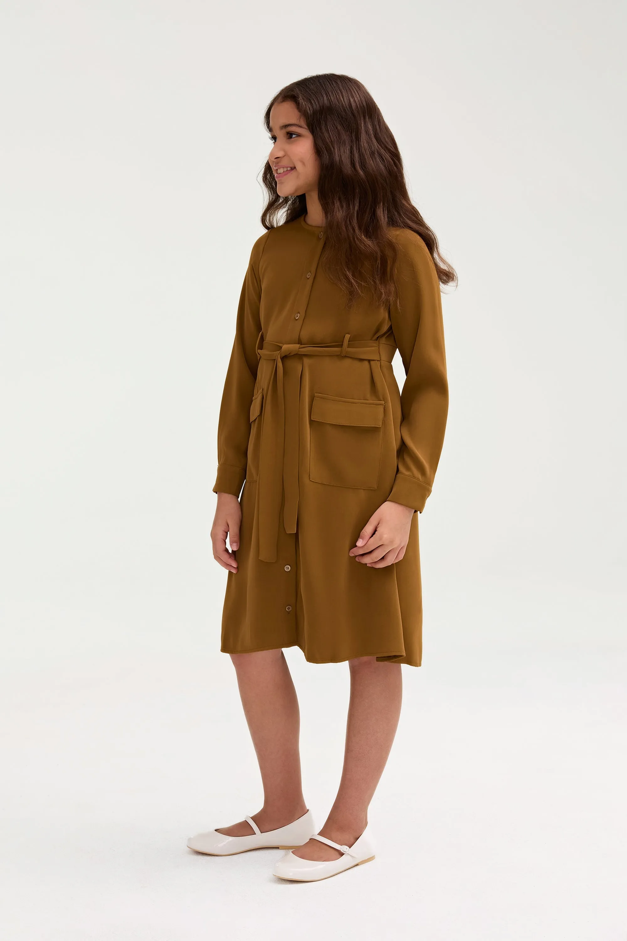 Olivia Button Down Utility Dress - Khaki Green (Girls)