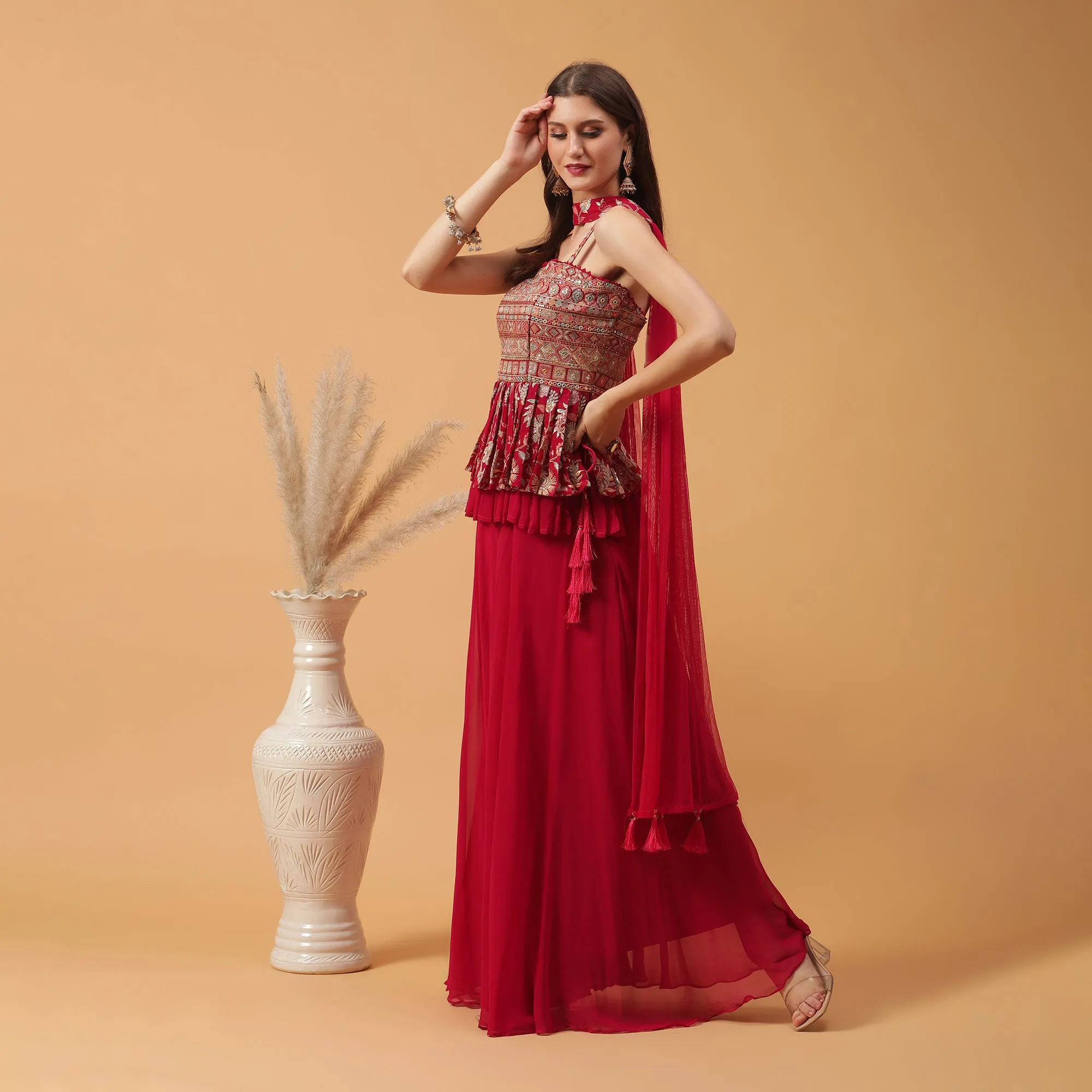 Pannkh Luxe Rani Embroidered Peplum with Sharara and Dupatta Set