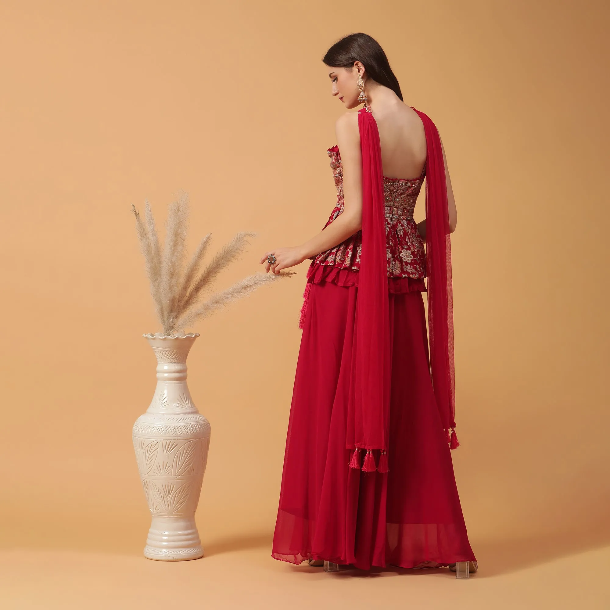 Pannkh Luxe Rani Embroidered Peplum with Sharara and Dupatta Set