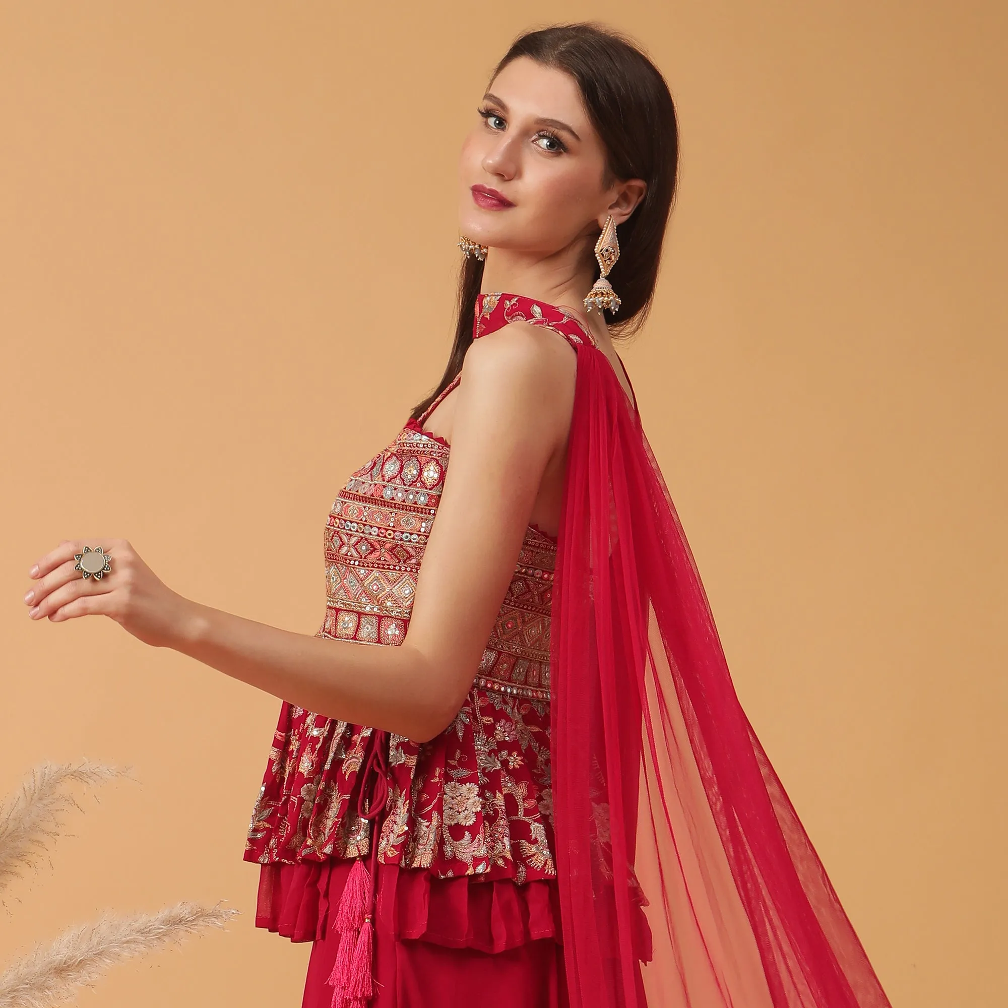 Pannkh Luxe Rani Embroidered Peplum with Sharara and Dupatta Set