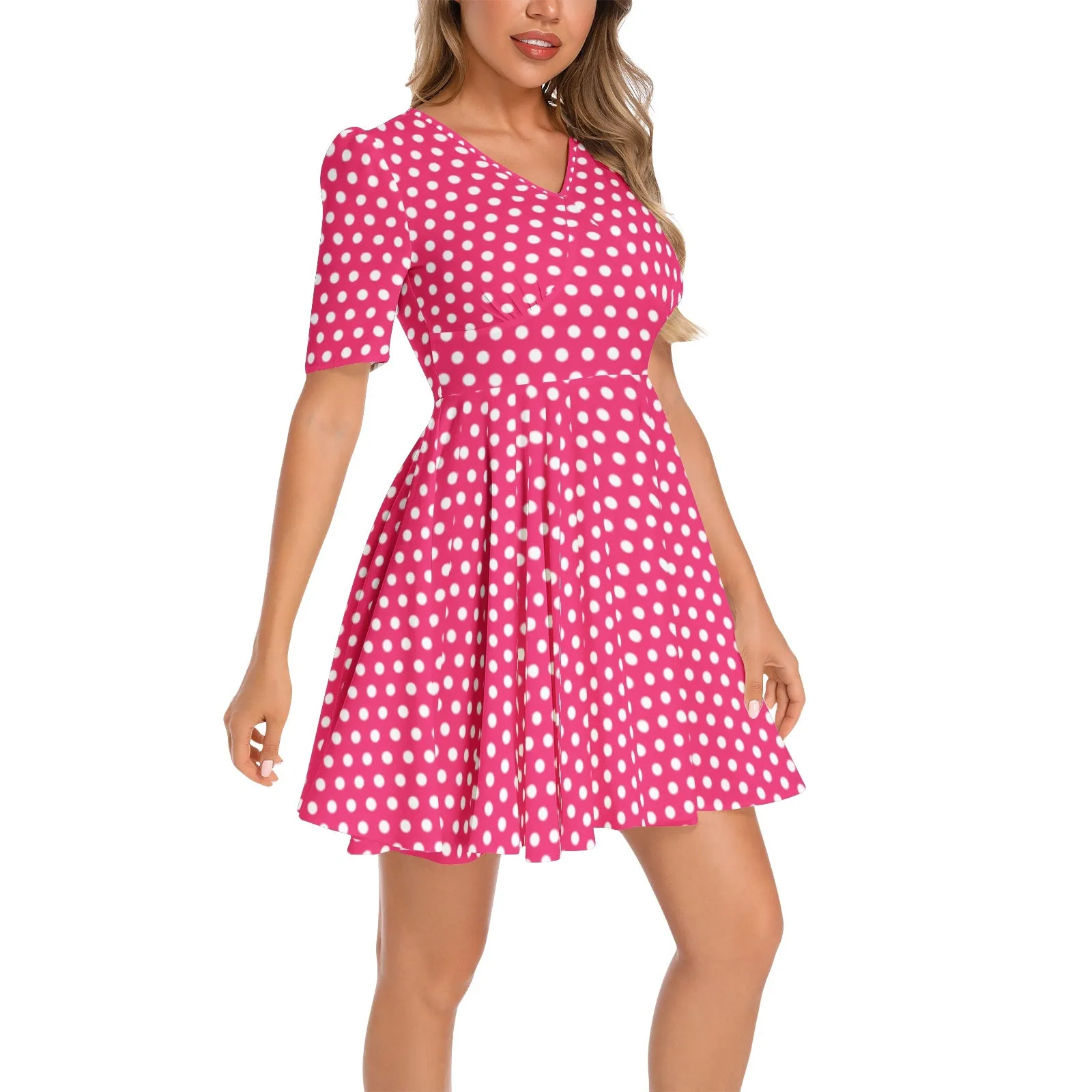 Pink Polka dot Short Sleeve Ruched Bust Flared Hem Dress