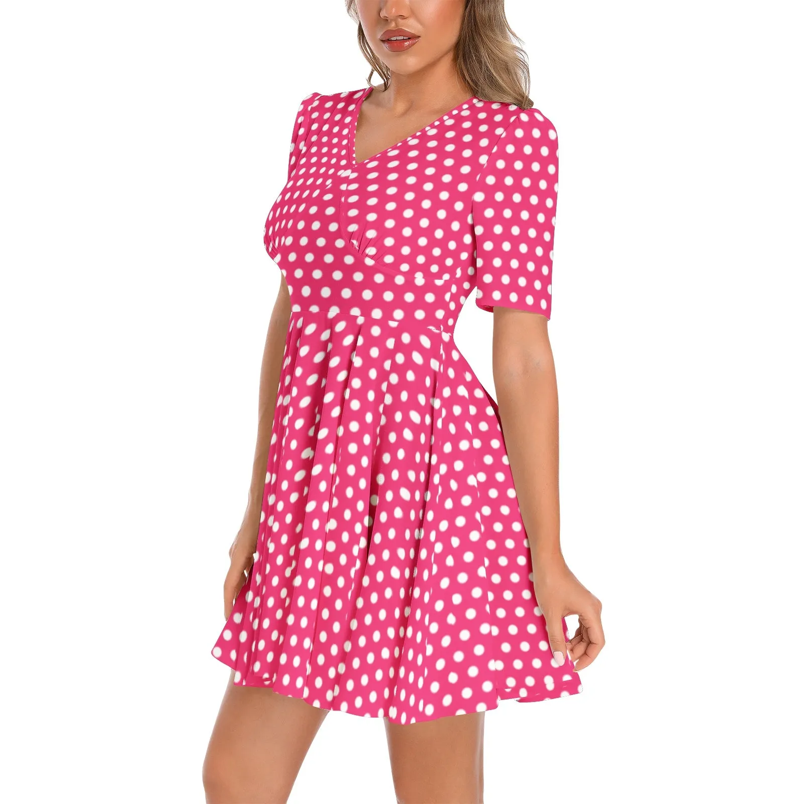 Pink Polka dot Short Sleeve Ruched Bust Flared Hem Dress