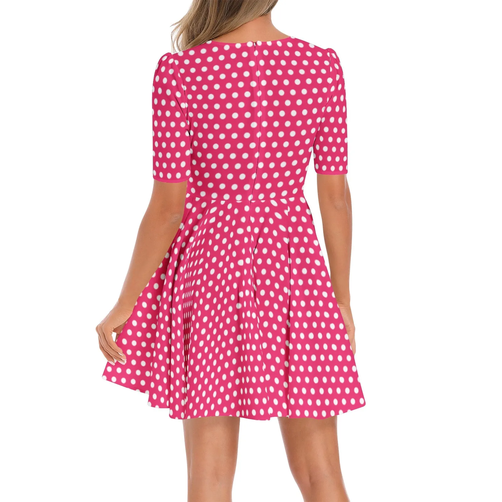 Pink Polka dot Short Sleeve Ruched Bust Flared Hem Dress