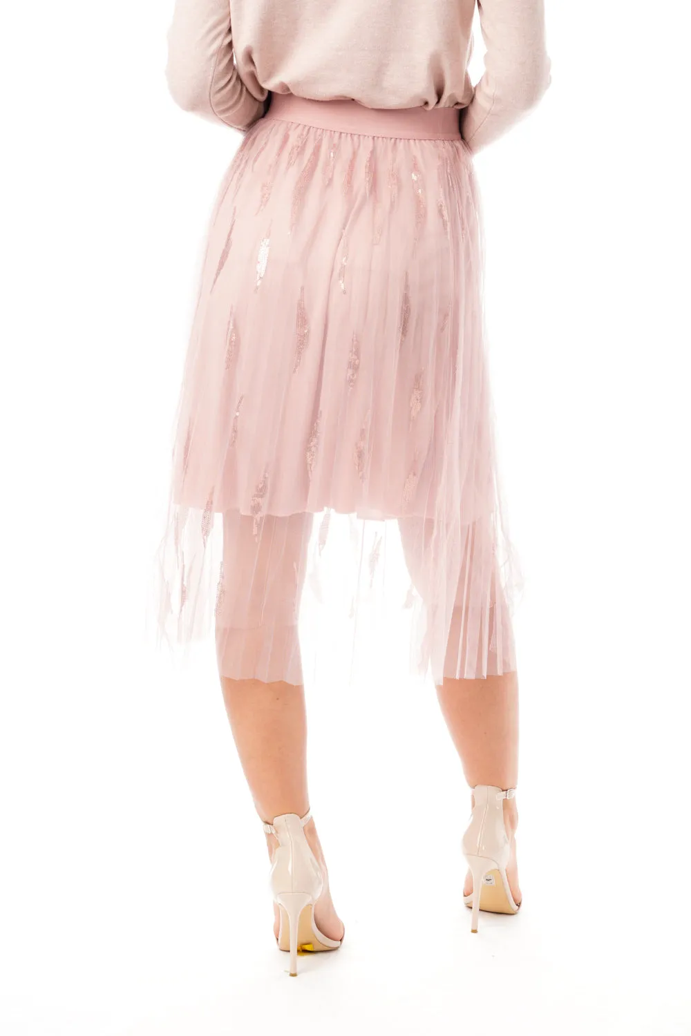 Pleated Mesh Midi Skirt with Feather Sequins