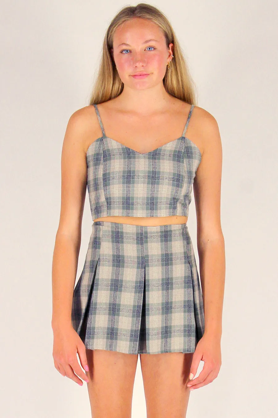 Pleated Skirt - Green Beige Plaid