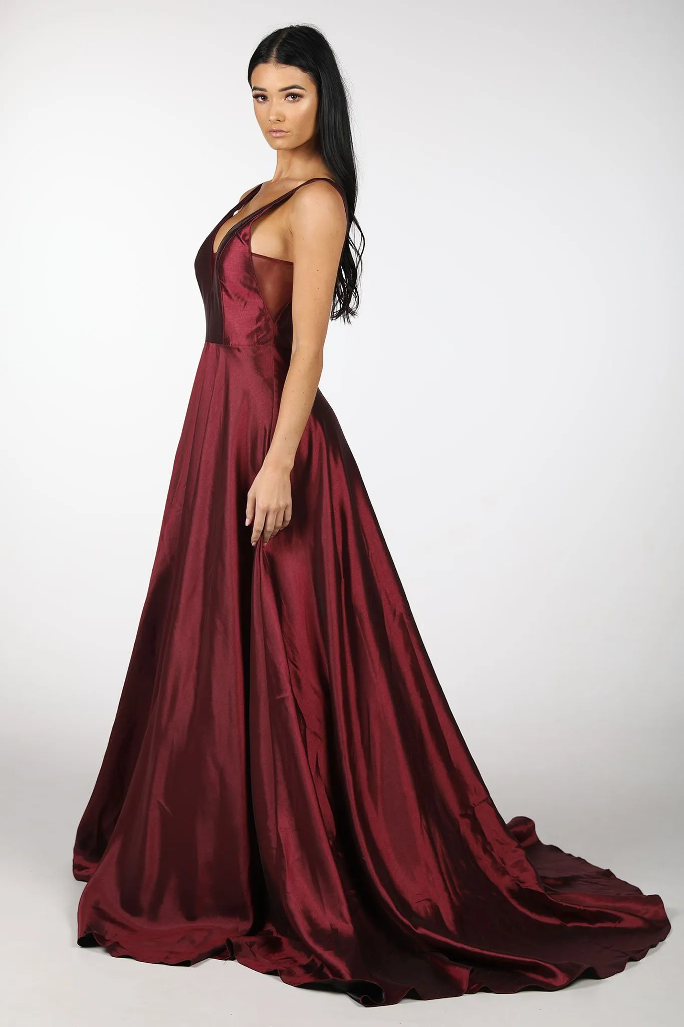 SAMIRA V-Neck Satin Ball Gown - Deep Red