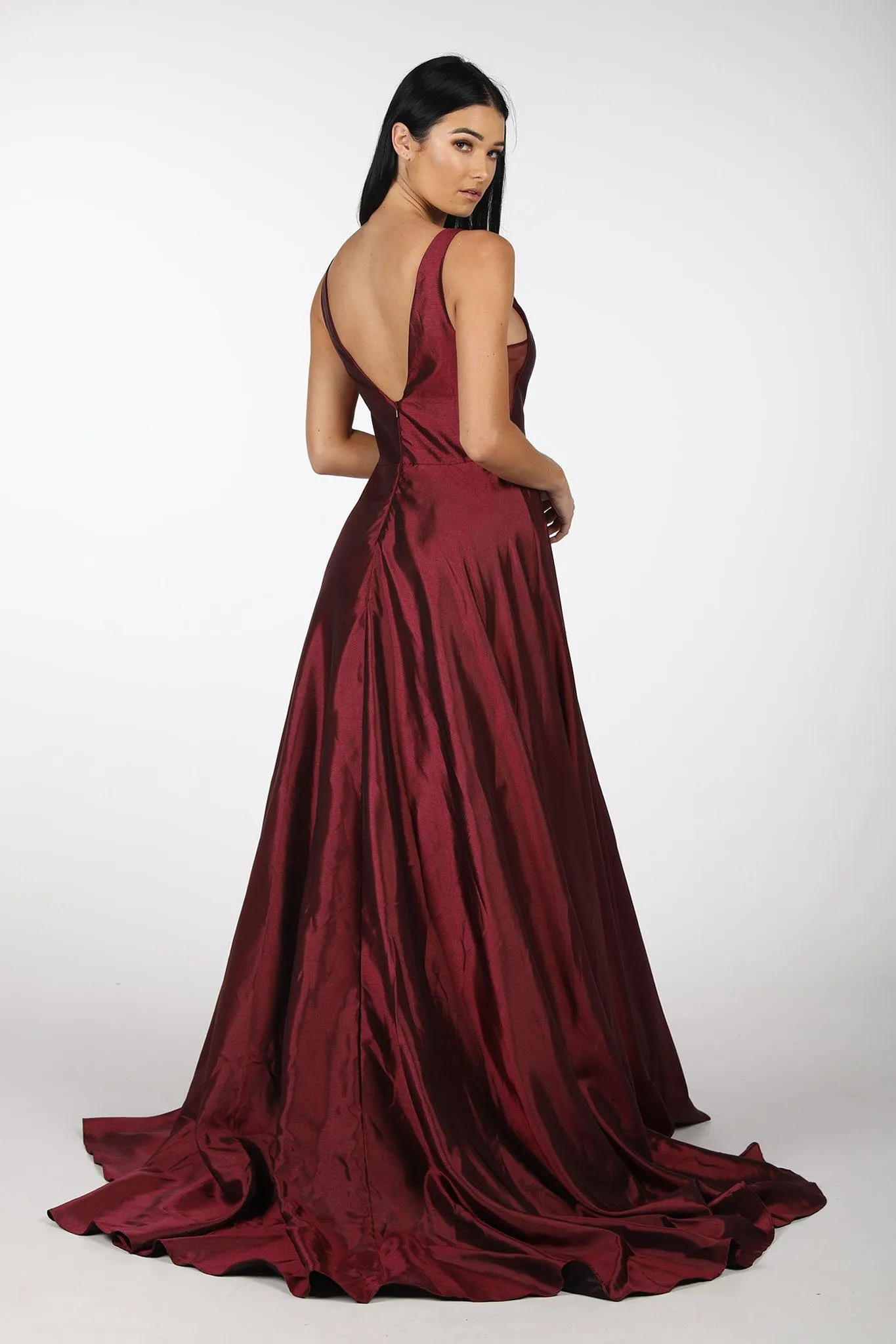 SAMIRA V-Neck Satin Ball Gown - Deep Red