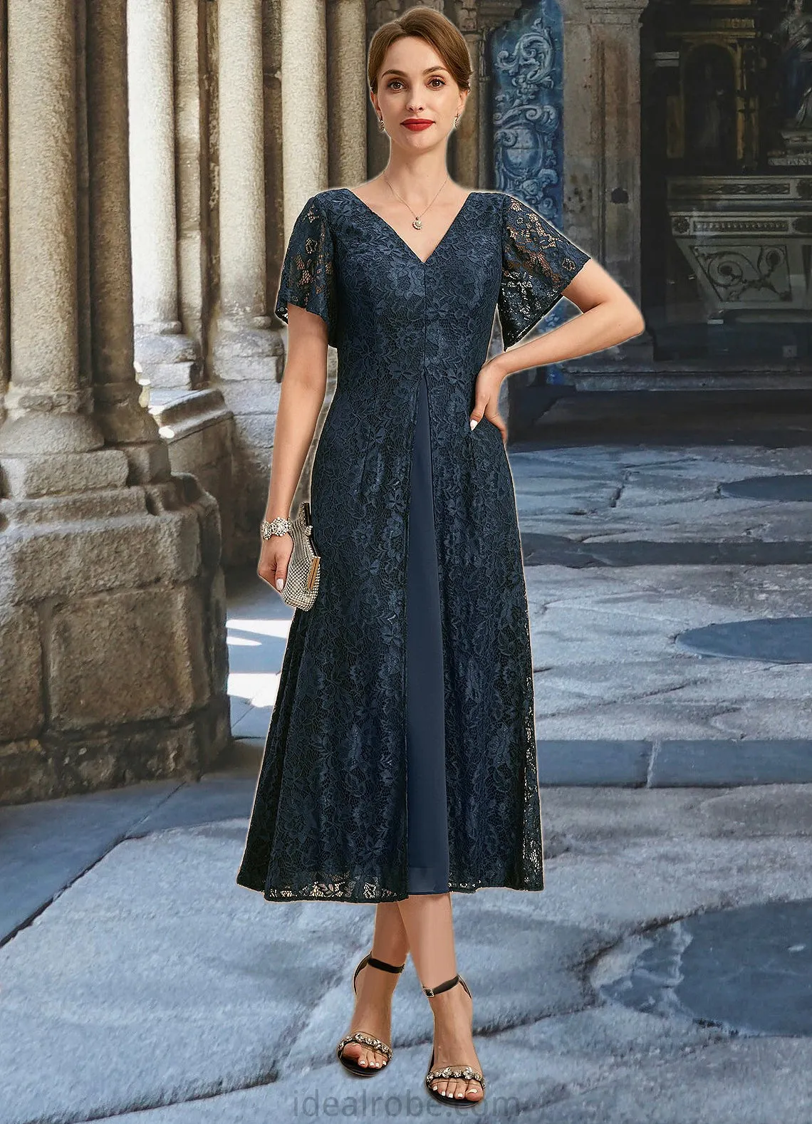 Savanah A-line V-Neck Tea-Length Chiffon Lace Mother of the Bride Dress STKP0021686