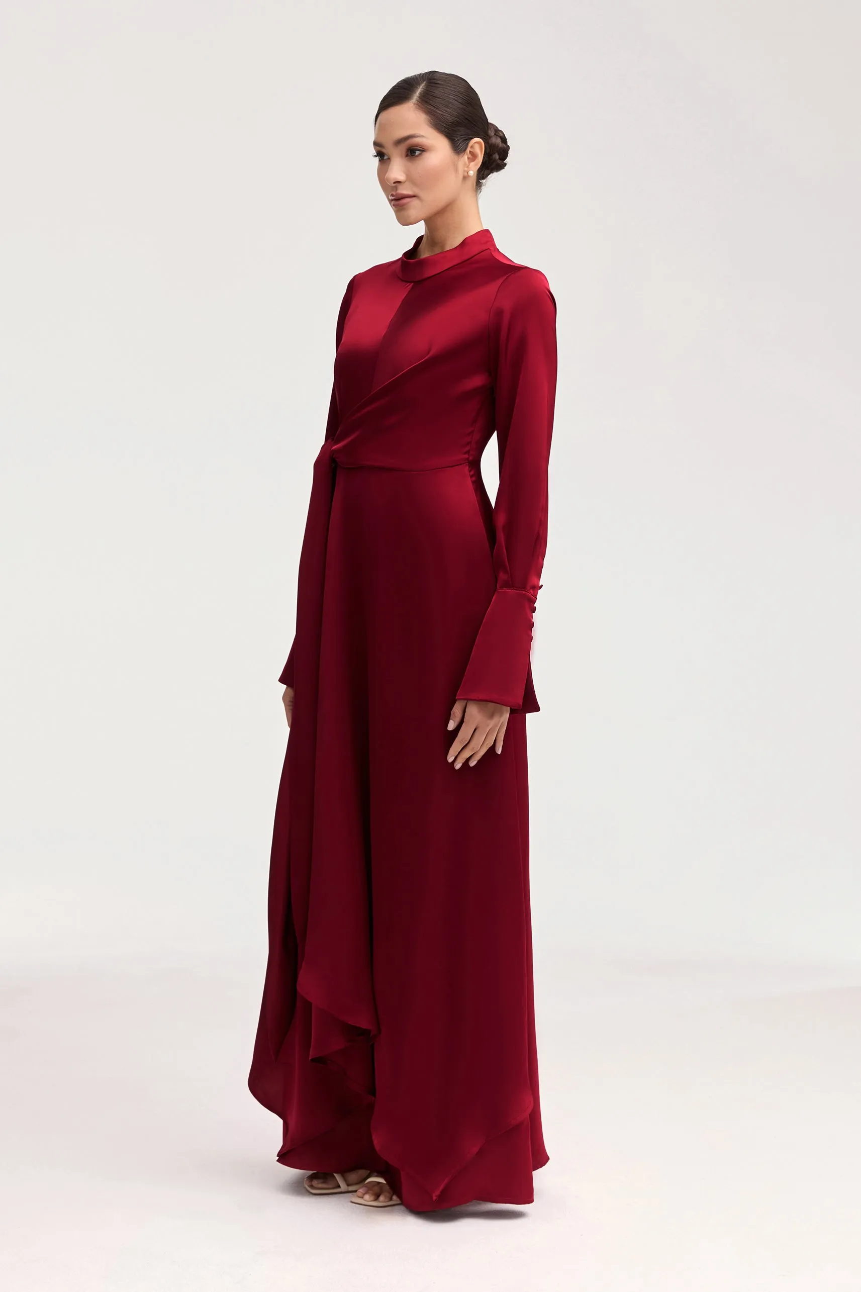 Serena Satin Side Tie Maxi Dress - Burgundy