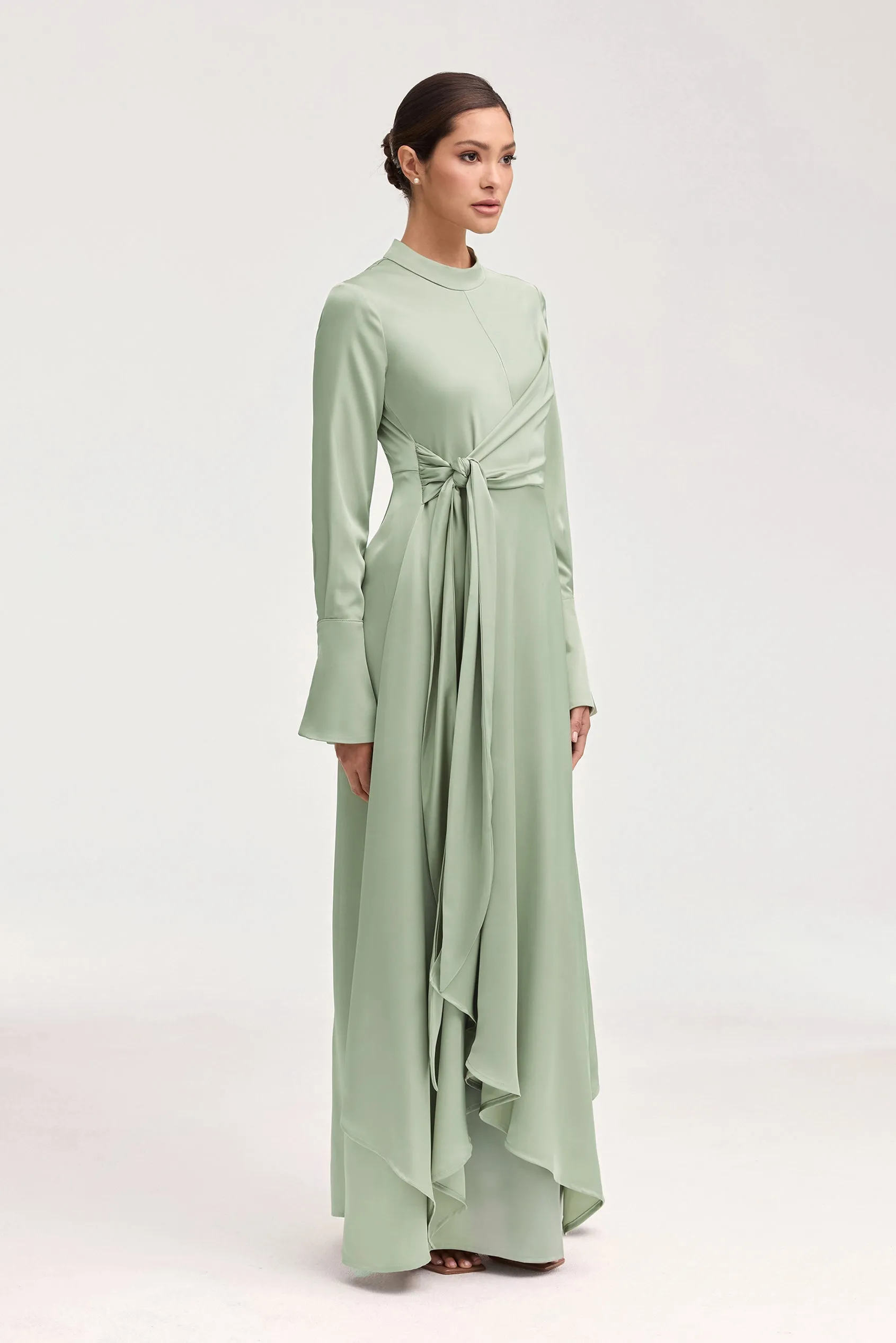 Serena Satin Side Tie Maxi Dress - Pistachio