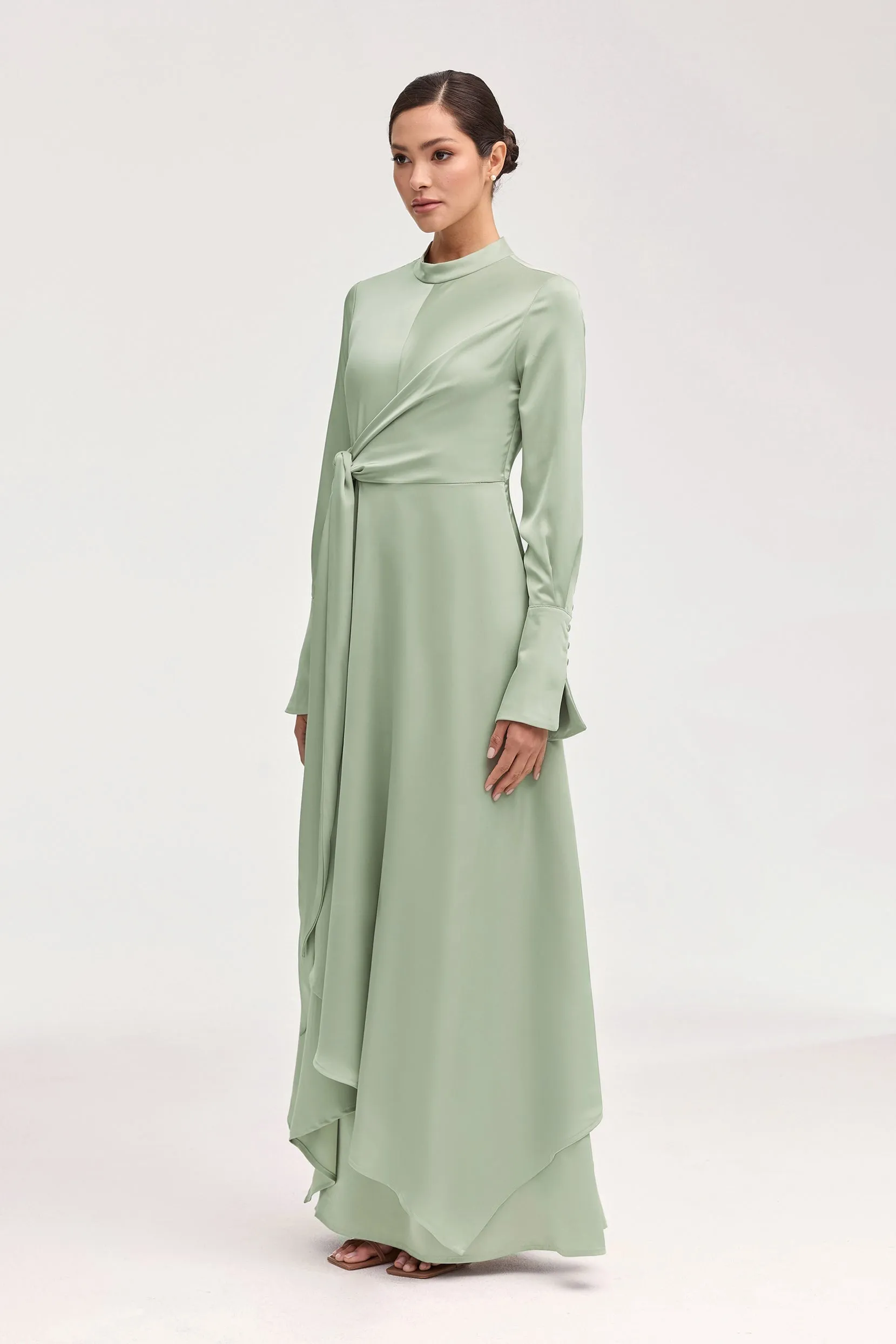 Serena Satin Side Tie Maxi Dress - Pistachio