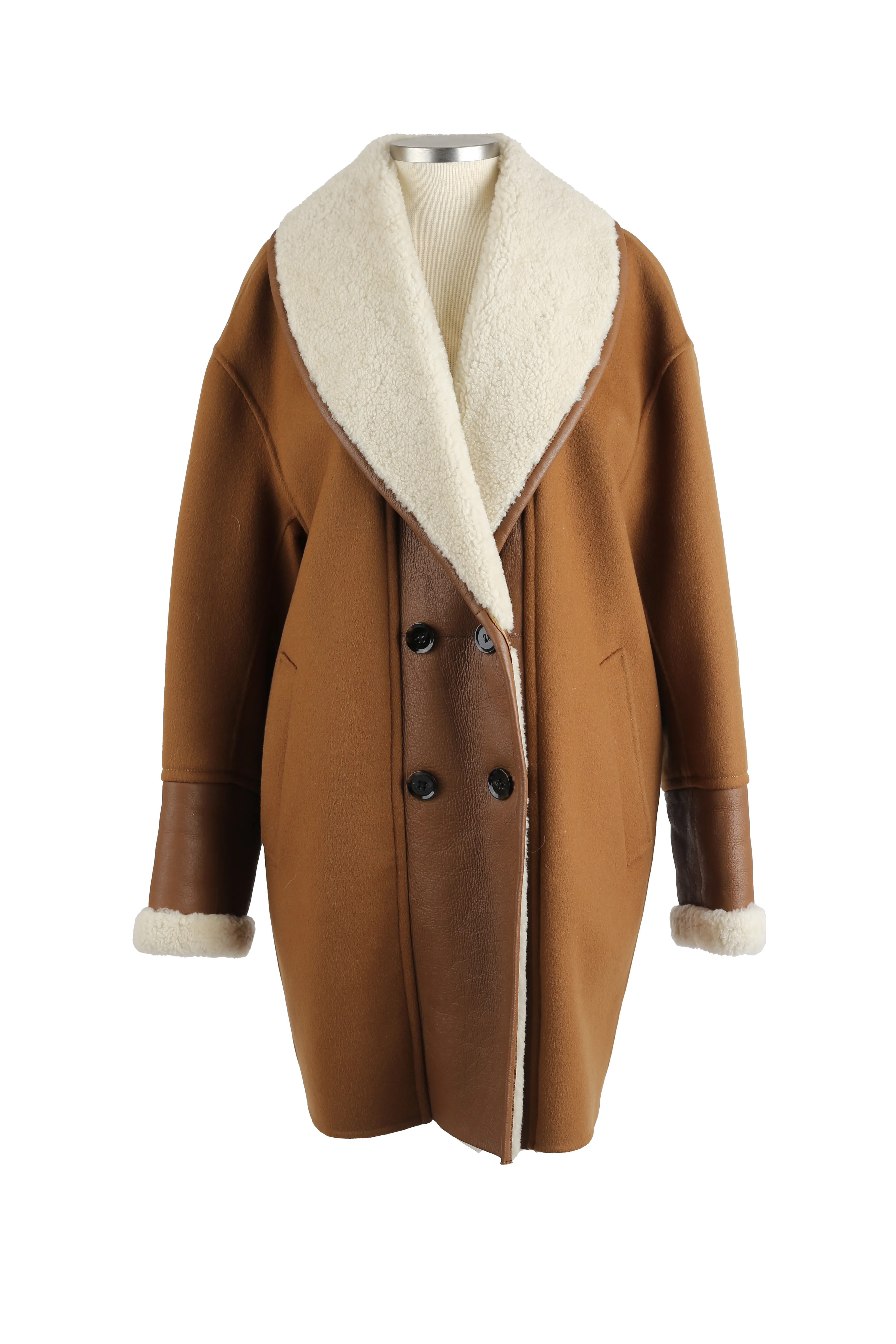 Stacey Double Breasted Wool Dress Coat W/ Shearling Trim