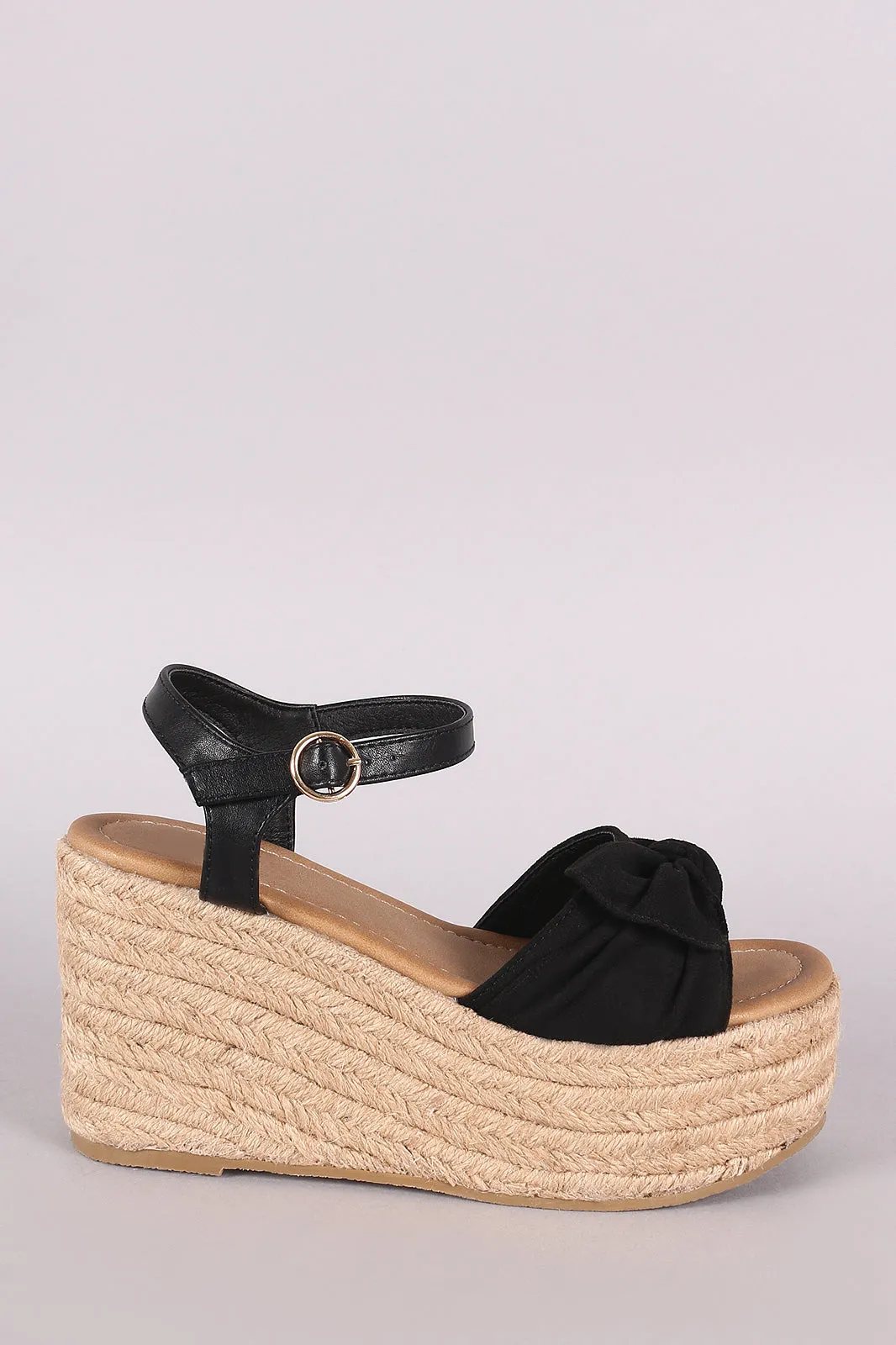 Suede Bow Open Toe Espadrille Platform Wedge