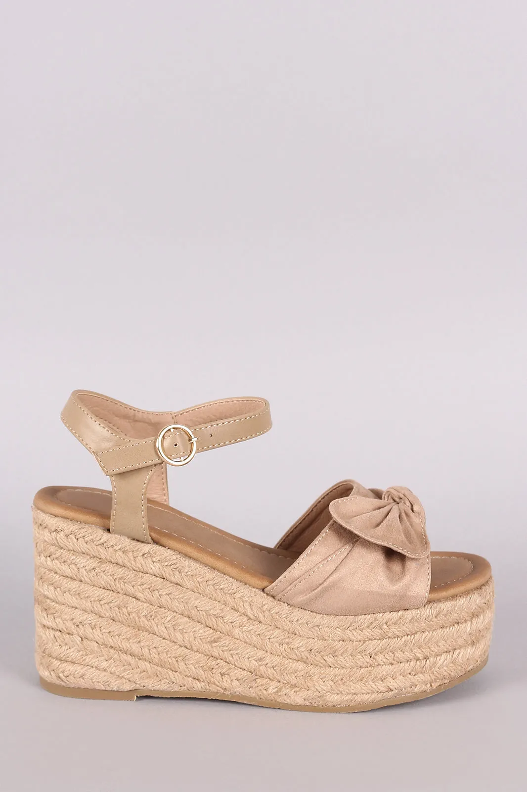 Suede Bow Open Toe Espadrille Platform Wedge