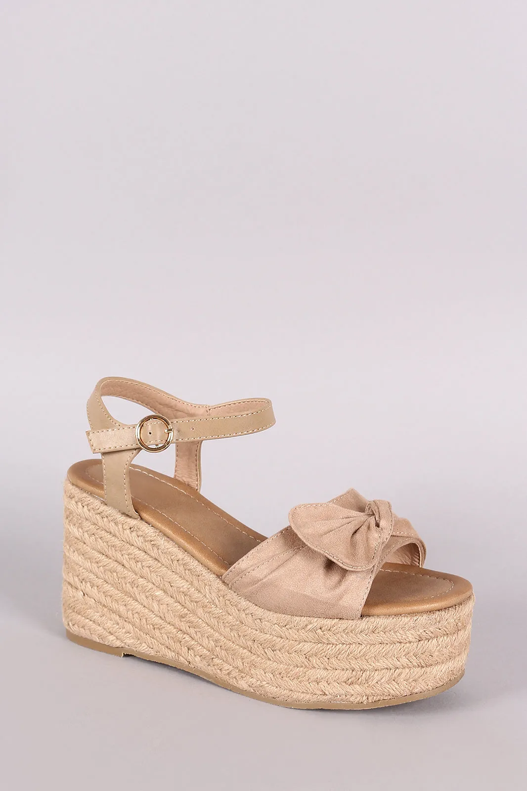 Suede Bow Open Toe Espadrille Platform Wedge