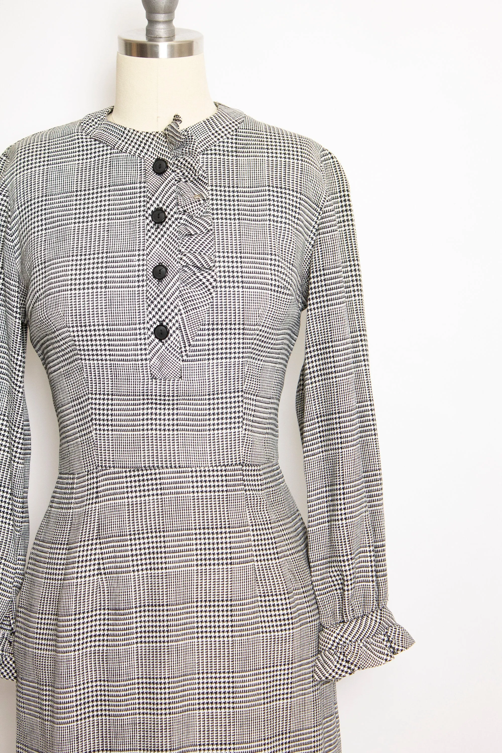 Vintage 1950s Dress Wool Herringbone Ruffle Fitted Day 50s Small