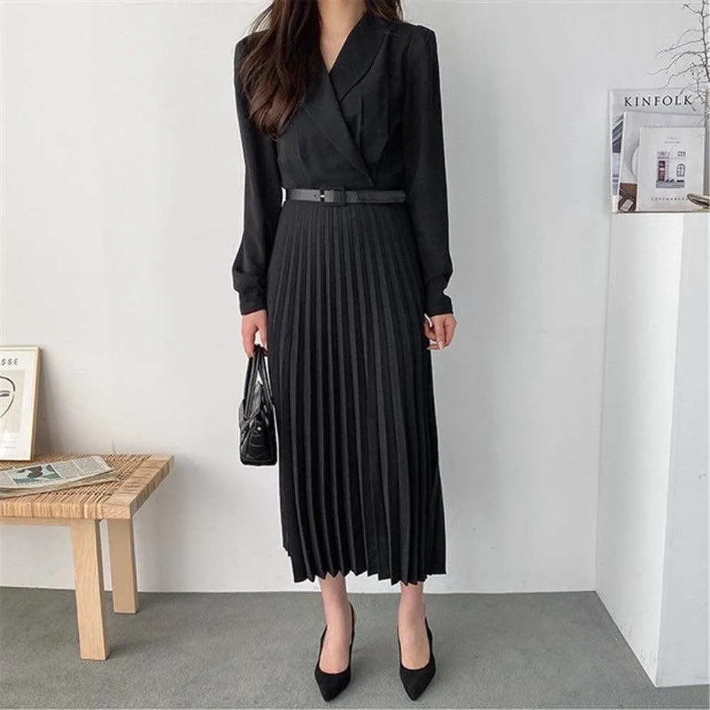 Waist Slimming Suit Tie Long Sleeve Pleated Dress