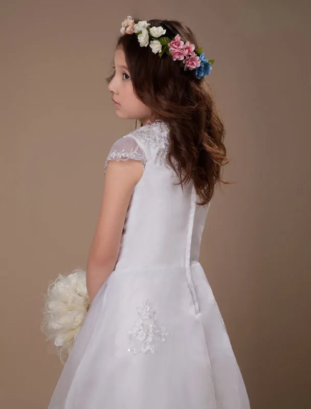 White Satin Organza Flower Girl Dress Short Sleeves Lace Appliques Girl Dress for Wedding