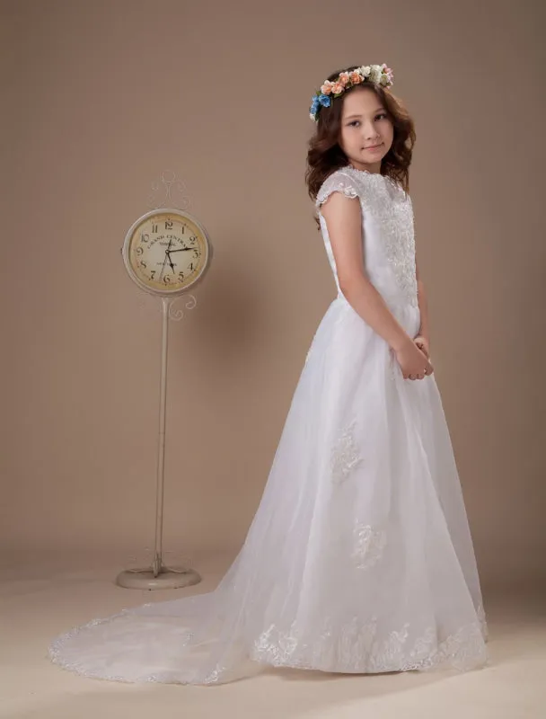 White Satin Organza Flower Girl Dress Short Sleeves Lace Appliques Girl Dress for Wedding