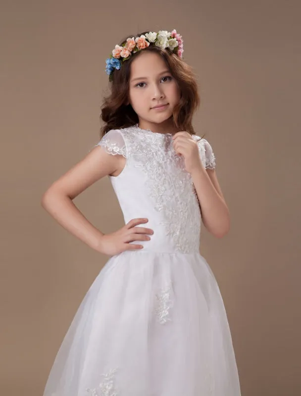 White Satin Organza Flower Girl Dress Short Sleeves Lace Appliques Girl Dress for Wedding