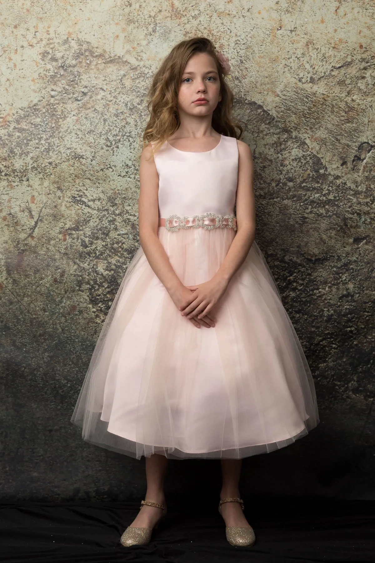 Zoey Satin & Tulle Girls Dress with Crystal Belt and Plus Size