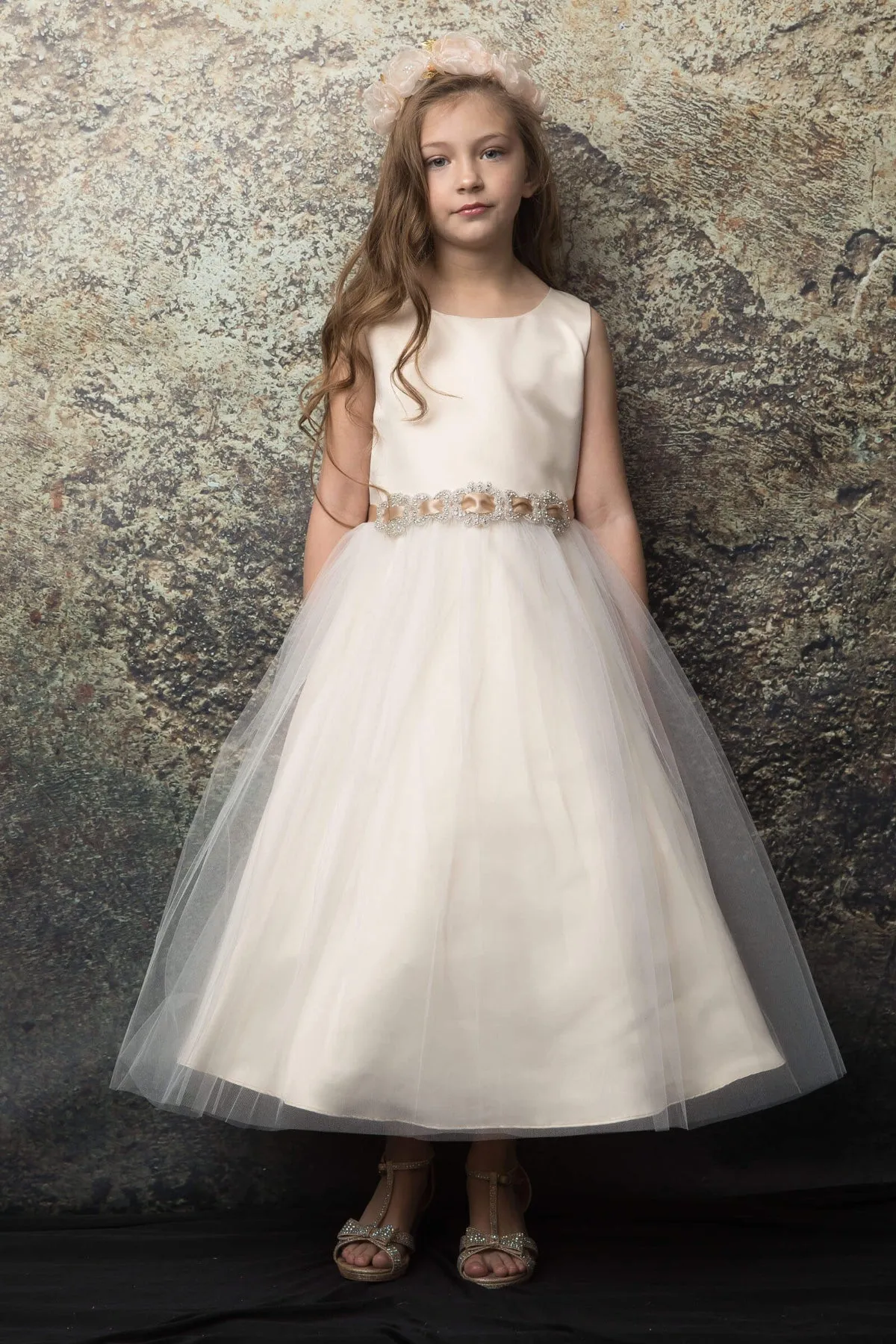 Zoey Satin & Tulle Girls Dress with Crystal Belt and Plus Size