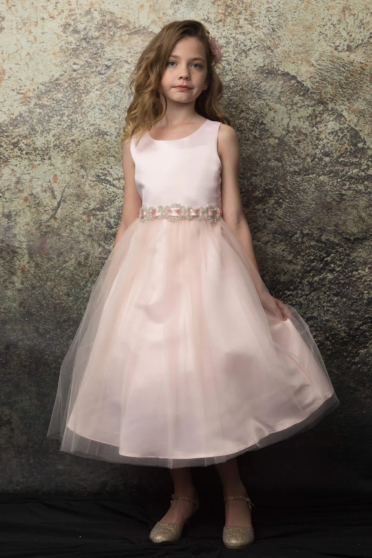 Zoey Satin & Tulle Girls Dress with Crystal Belt and Plus Size