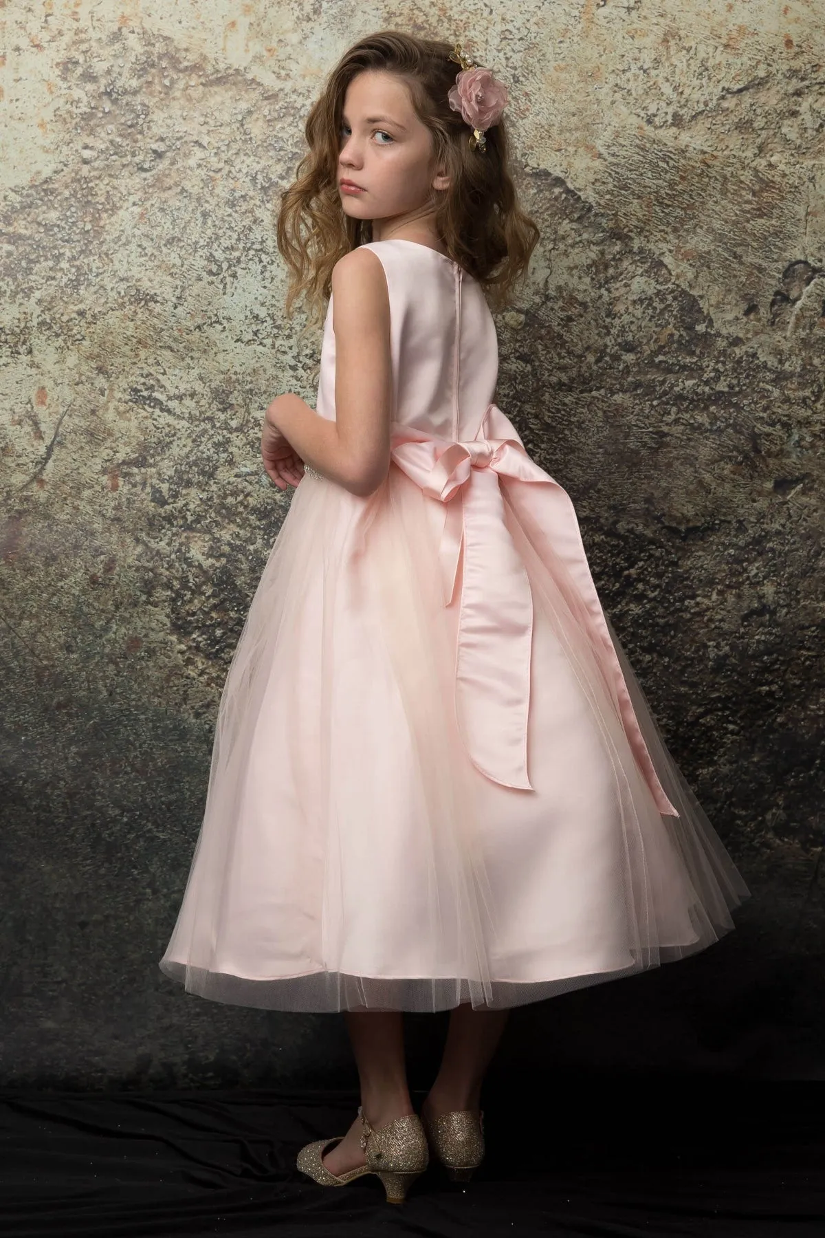 Zoey Satin & Tulle Girls Dress with Crystal Belt and Plus Size