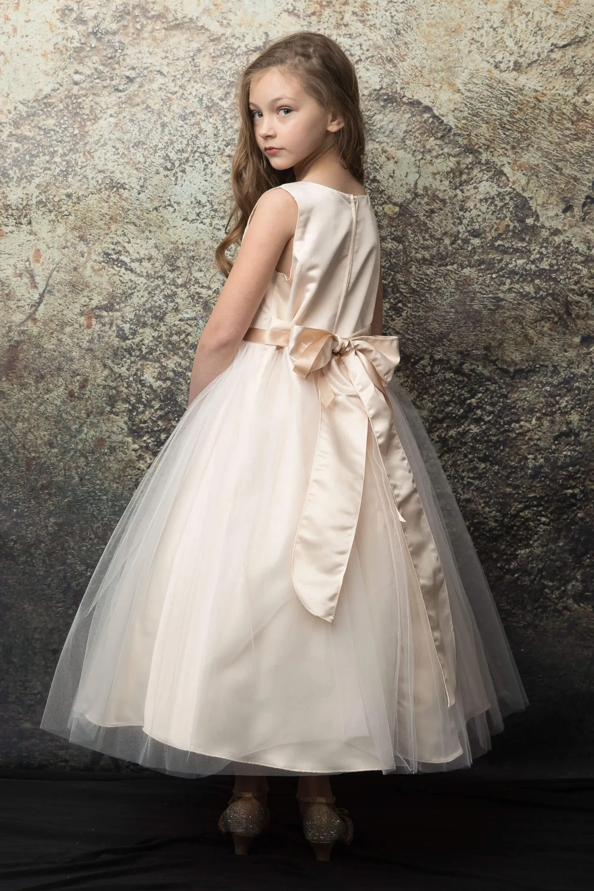 Zoey Satin & Tulle Girls Dress with Crystal Belt and Plus Size